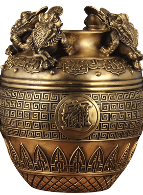 特大黄铜聚宝盆金蟾摆件招财铜缸