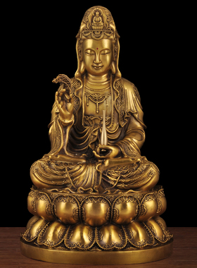 黄铜观音摆件柳枝观音南海观世音菩萨坐莲花佛像家用佛堂寺庙供奉