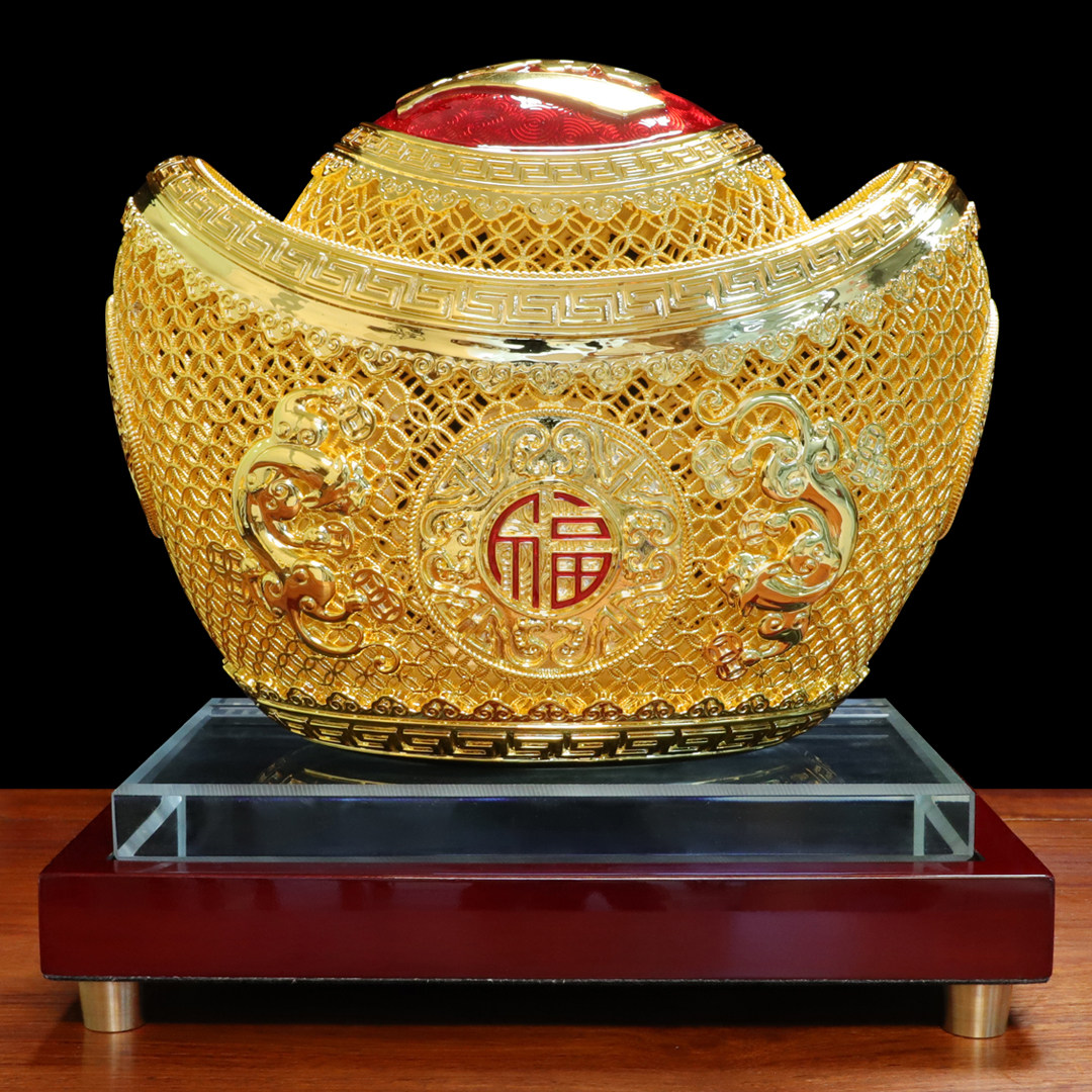黄铜花丝元宝摆件招财铜元宝