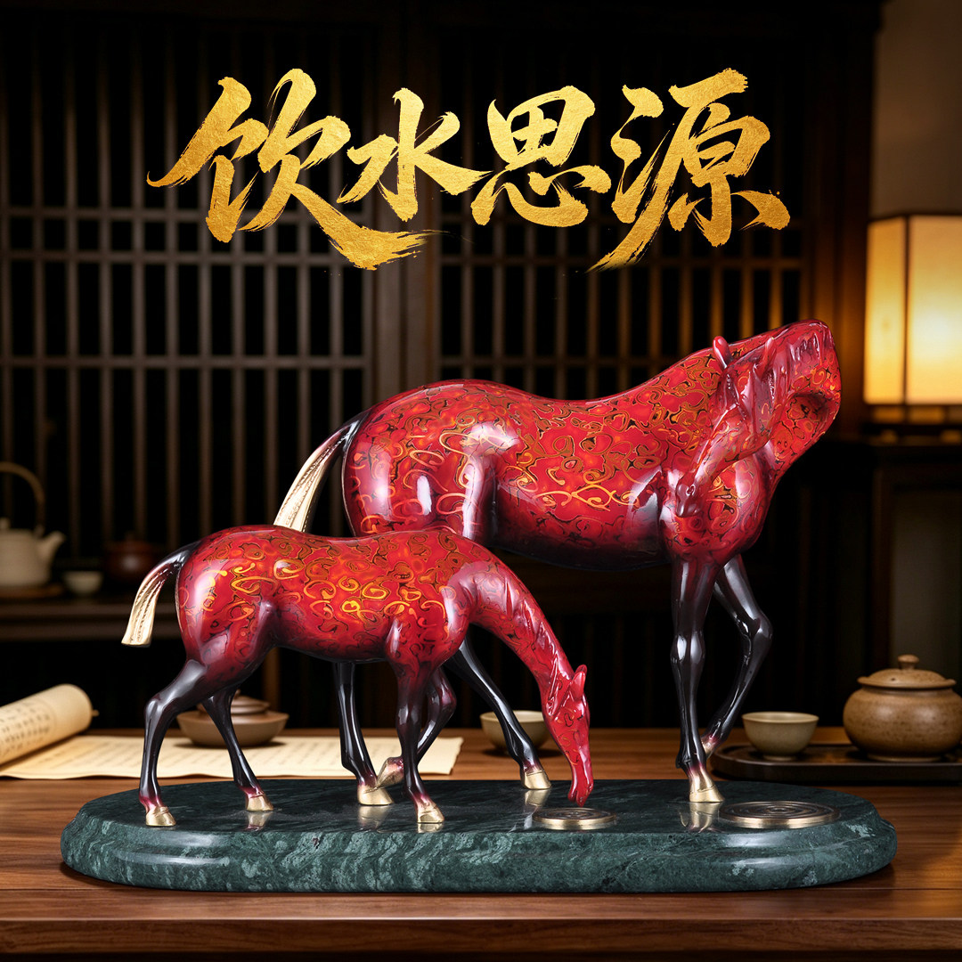 彩铜马摆件饮水思源招财马
