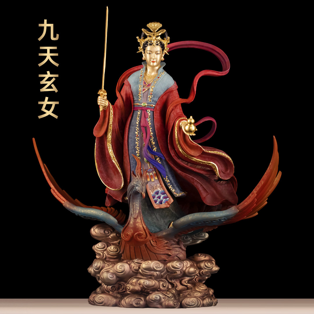 彩铜九天玄女神像摆件九天玄阳元女踏凤圣母娘娘站像家用佛堂供奉