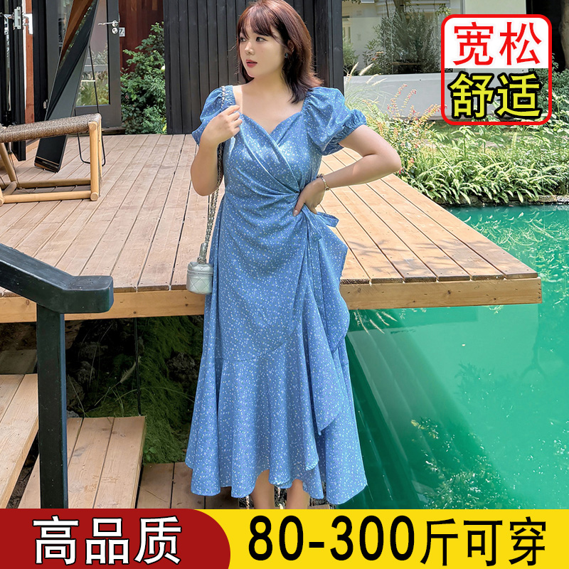 大码微胖MM轻奢高级感连衣裙夏女宽松巨遮肚显瘦荷叶边不规则长裙