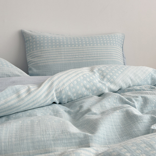 超柔全棉双层纱床上用品四件套可裸睡色织纯棉大提花波点被套双人