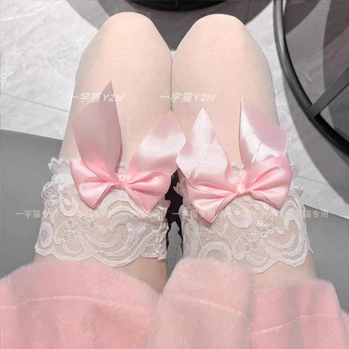 网红性感花边蝴蝶结丝袜可爱蕾丝边黑丝白丝女薄款纯欲长筒过膝袜