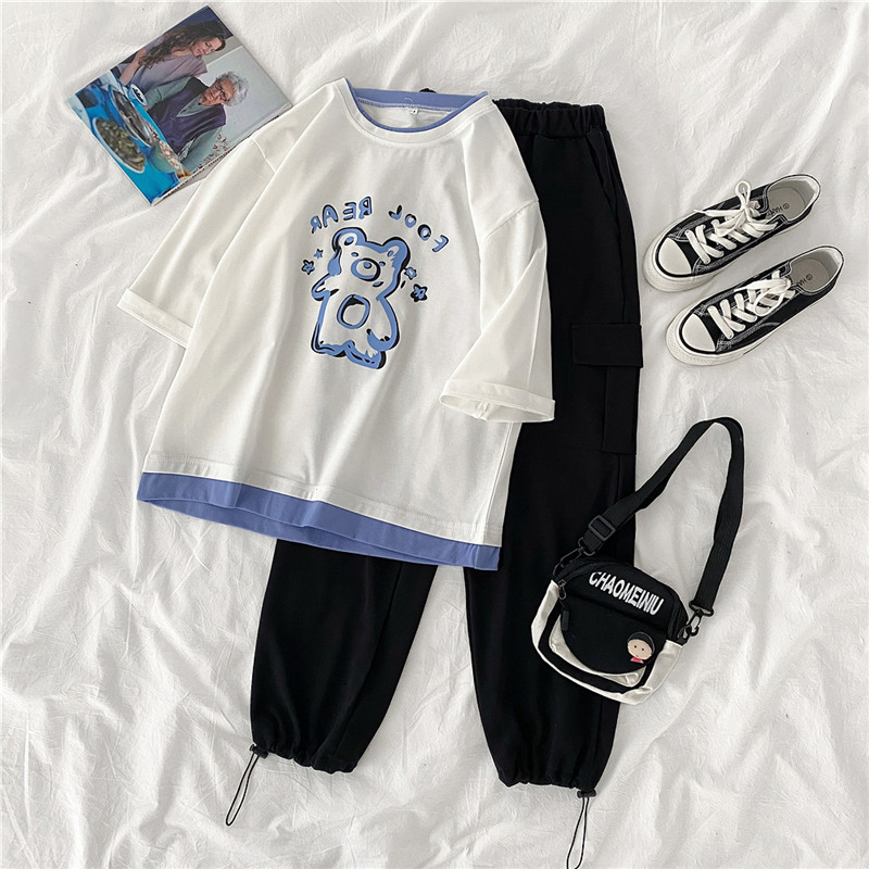 2021 real shot summer fattening plus size women's fat mm fat sister slim Capris short sleeve two piece suit