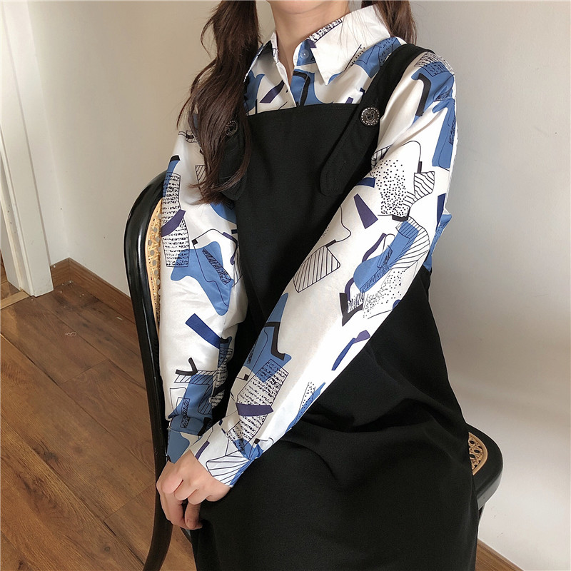 Real shot spring long sleeve shirt + belt skirt 2-piece suit women's medium length fashionable foreign style thin dress