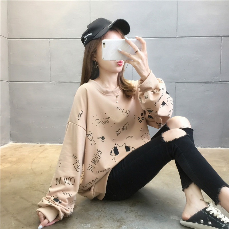 2021 real shot ~ spring clothes loose thin letter casual loose long sleeve women's large women's wear thin top T-shirt