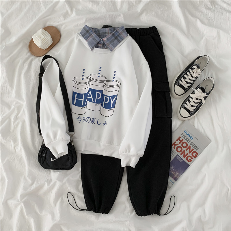 Real shot ~ new autumn and winter holiday two piece loose Polo doll collar color matching thickened Plush sweater set