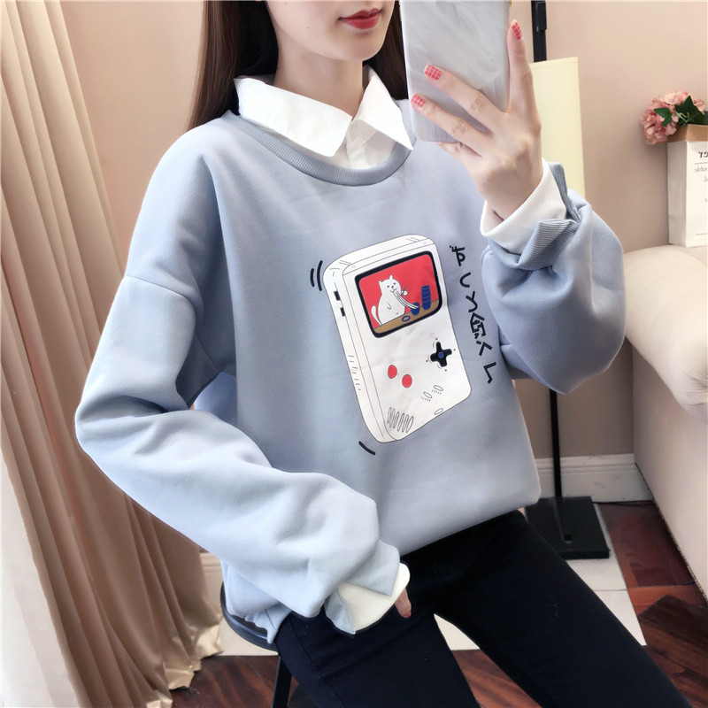 New autumn and winter holiday 2020 two piece loose Polo baby collar color matching thickened Plush sweater women's top