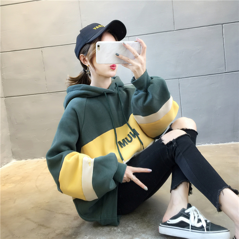 Real shot plush plush languid jacket Plush sweater female thick hooded Hong Kong style student large T