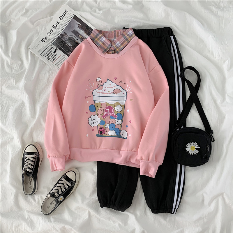 Real shot ~ autumn and winter clothing plush thickening Korean loose Plush thickening two piece student suit