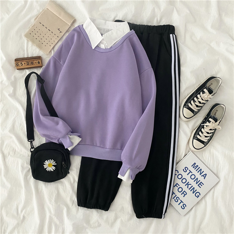 Real shot ~ autumn and winter clothing plush thickening Korean loose Plush thickening two piece student suit