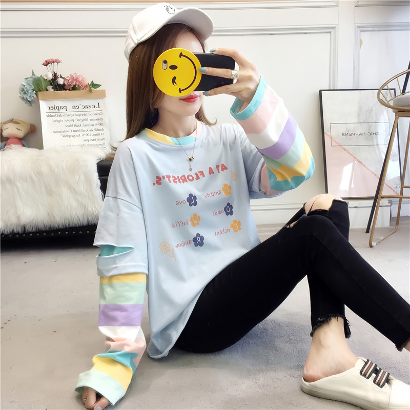 2021 real shot ~ spring clothes loose thin letter casual loose long sleeve women's large women's wear thin top T-shirt