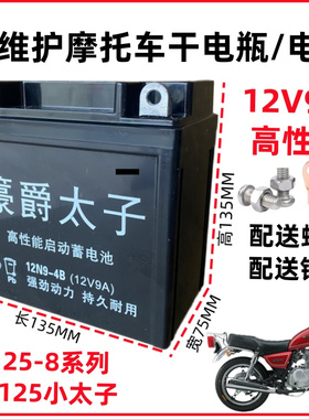 125摩托车电瓶12V9Ah钻豹豪爵太子跨骑车通用12v蓄电池12N9-4B-1