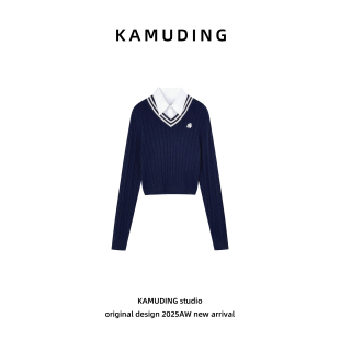 KAMUDING2025新款 领拼色绞花针织毛衣25281 A57学院风叠穿衬衫