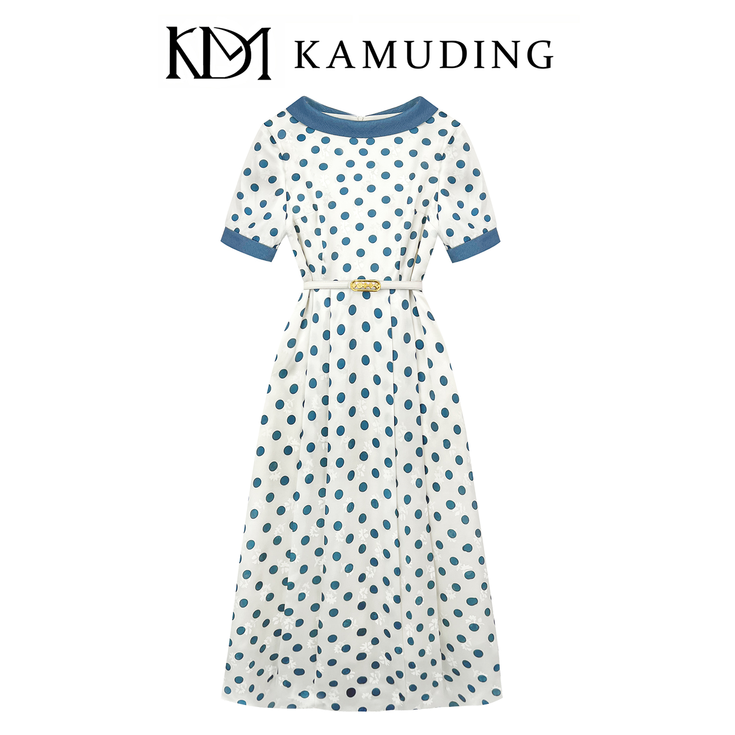 KAMUDING2025夏季新款法式复古波点撞色短袖尽显气质连衣裙8852