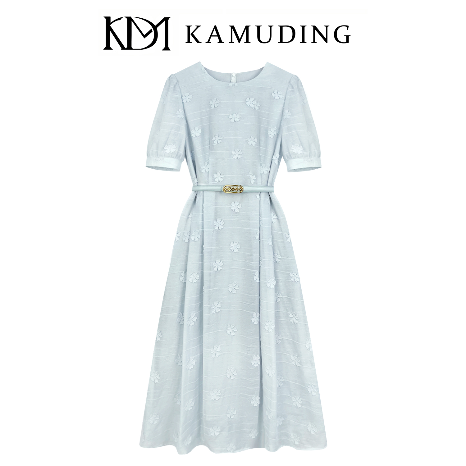KAMUDING2025新款法式轻柔蓝底白花刺绣优雅气质显瘦连衣裙8756