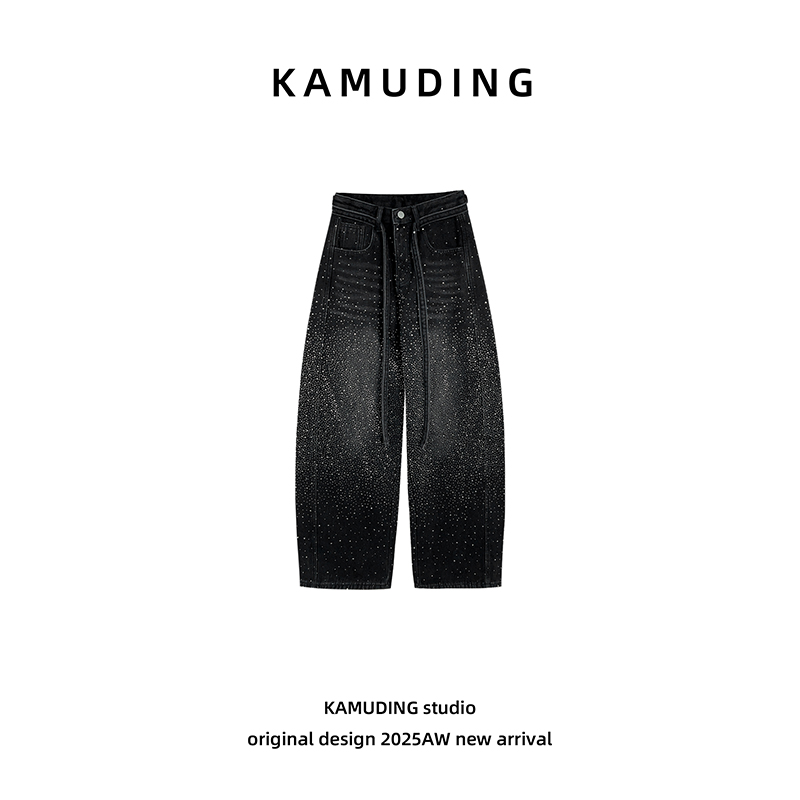 KAMUDING2025新款A满天星烫钻复古水洗飘带牛仔裤女阔腿裤25555