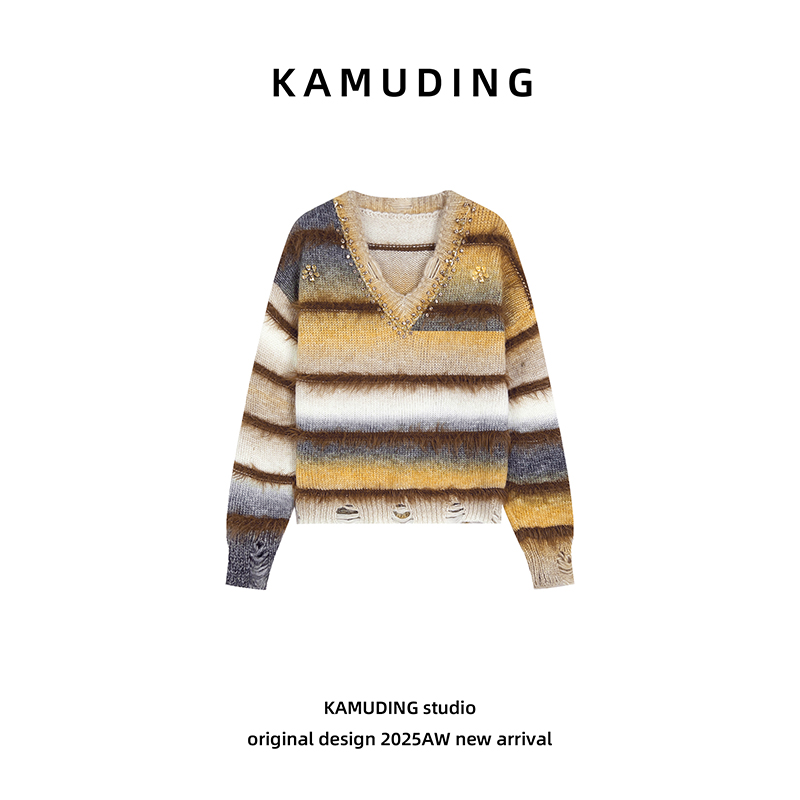 KAMUDING2025新款A渐变色条纹V领长袖毛衣秋冬针织上衣25558