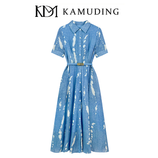 法式 KAMUDING2025新款 藍(lán)白扎染盡顯優(yōu)雅氣質(zhì)收腰顯瘦連衣裙8782