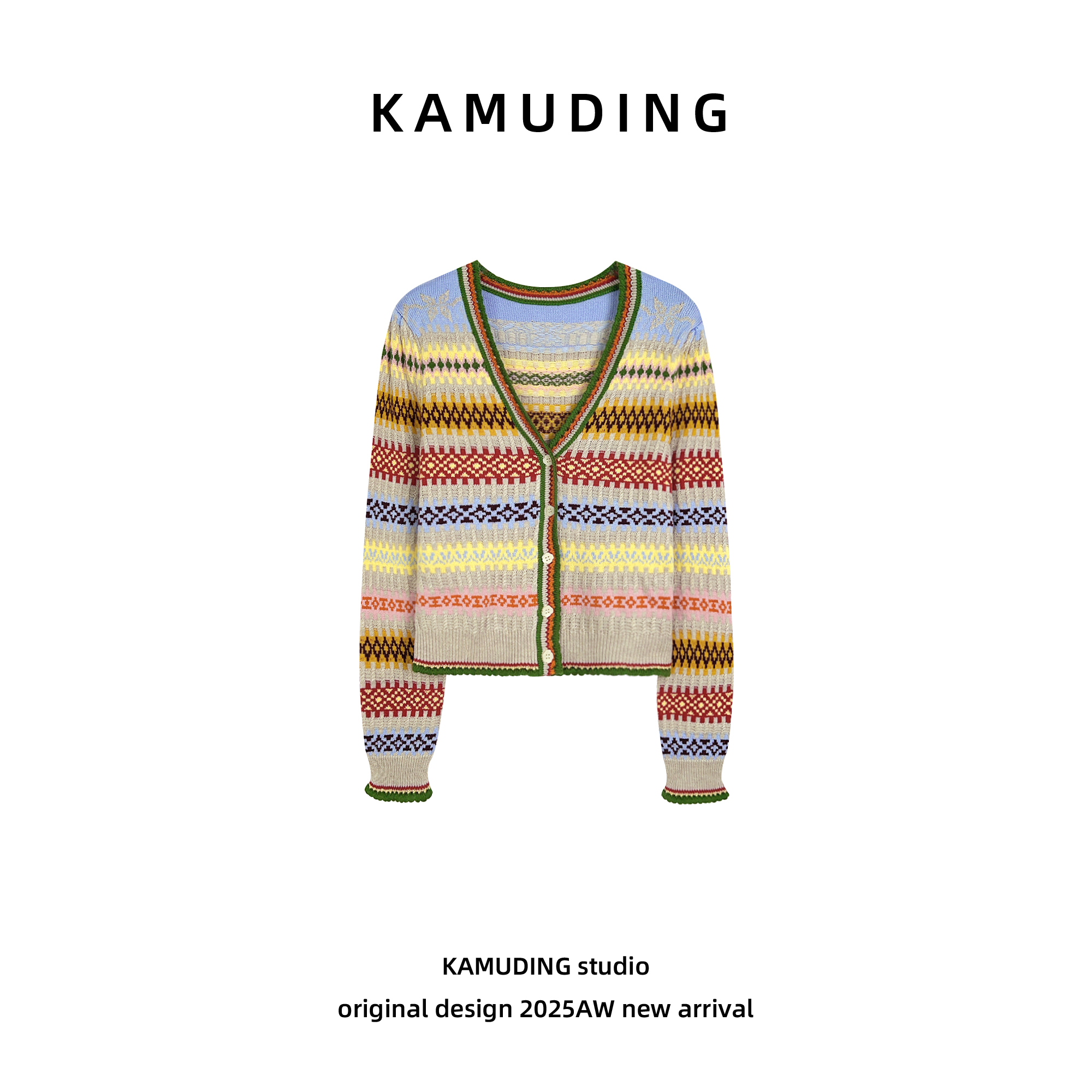 KAMUDING2025新款A撞色花纹V领秋冬修身针织开衫休闲毛衣25538