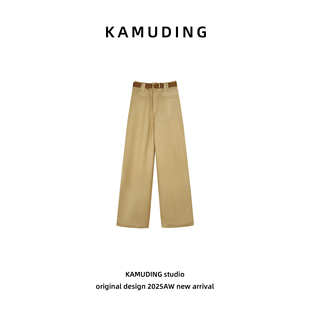 KAMUDING2025新款A11复古风卡其色高腰垂感直筒休闲裤25288