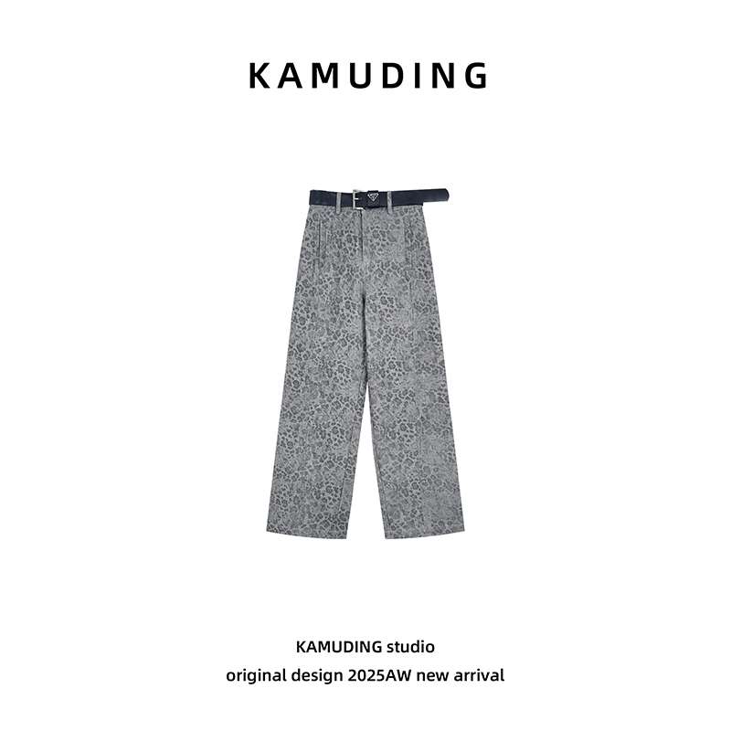 KAMUDING2025新款A25时尚百搭显瘦气质高级感豹纹洗水直筒裤25284