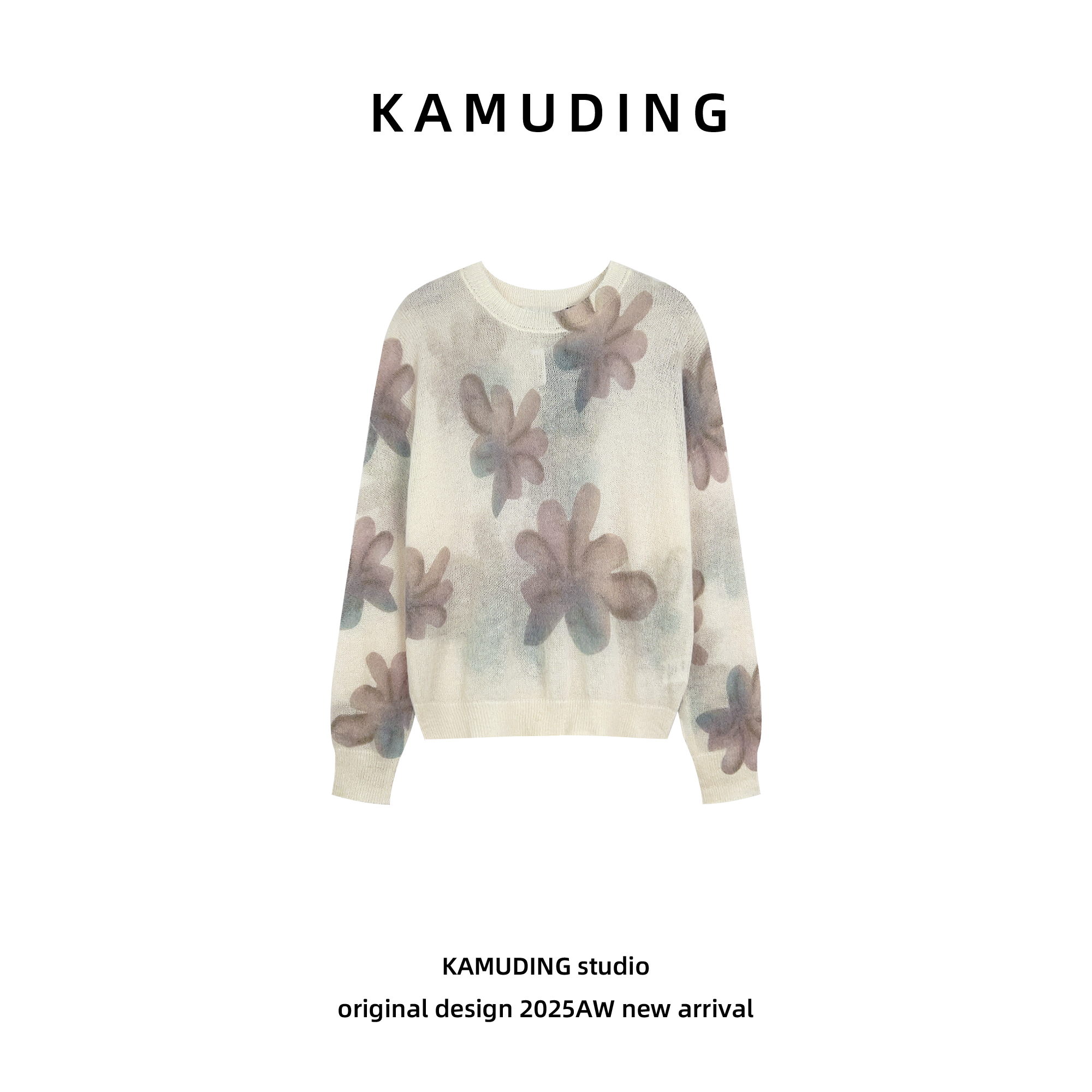 KAMUDING2025新款A24秋冬轻奢高级植物印花宽松休闲针织衫25535