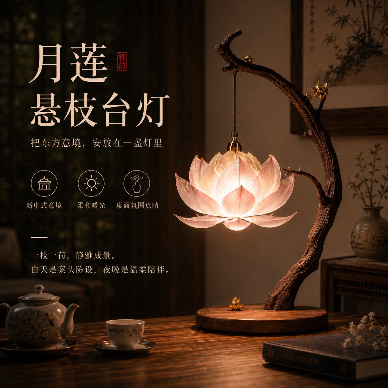 月莲悬枝新中式莲花台灯茶室卧室台灯创意装饰氛围感原创设计灯具