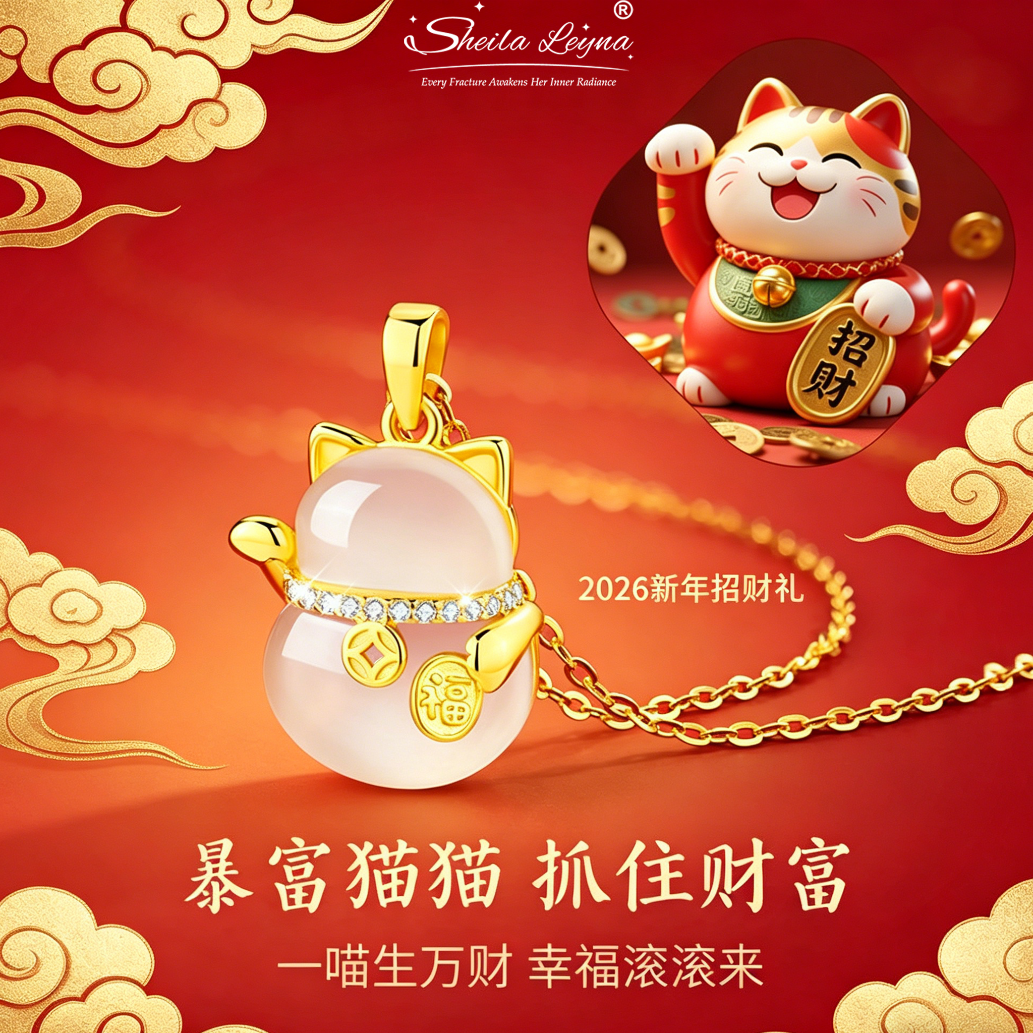 SHEILA LEYNA吸金喵喵银招财猫项链女玉髓猫咪吊坠锁骨链节日礼物