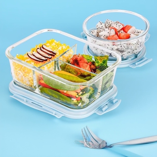 上班族餐盘分格小饭盒圆形玻璃碗耐高温三格可分格微波炉加热轻便
