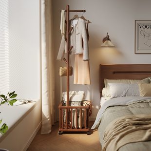 实木衣帽架落地衣架置物架卧室家用可移动脏衣篓不占空间的挂衣架