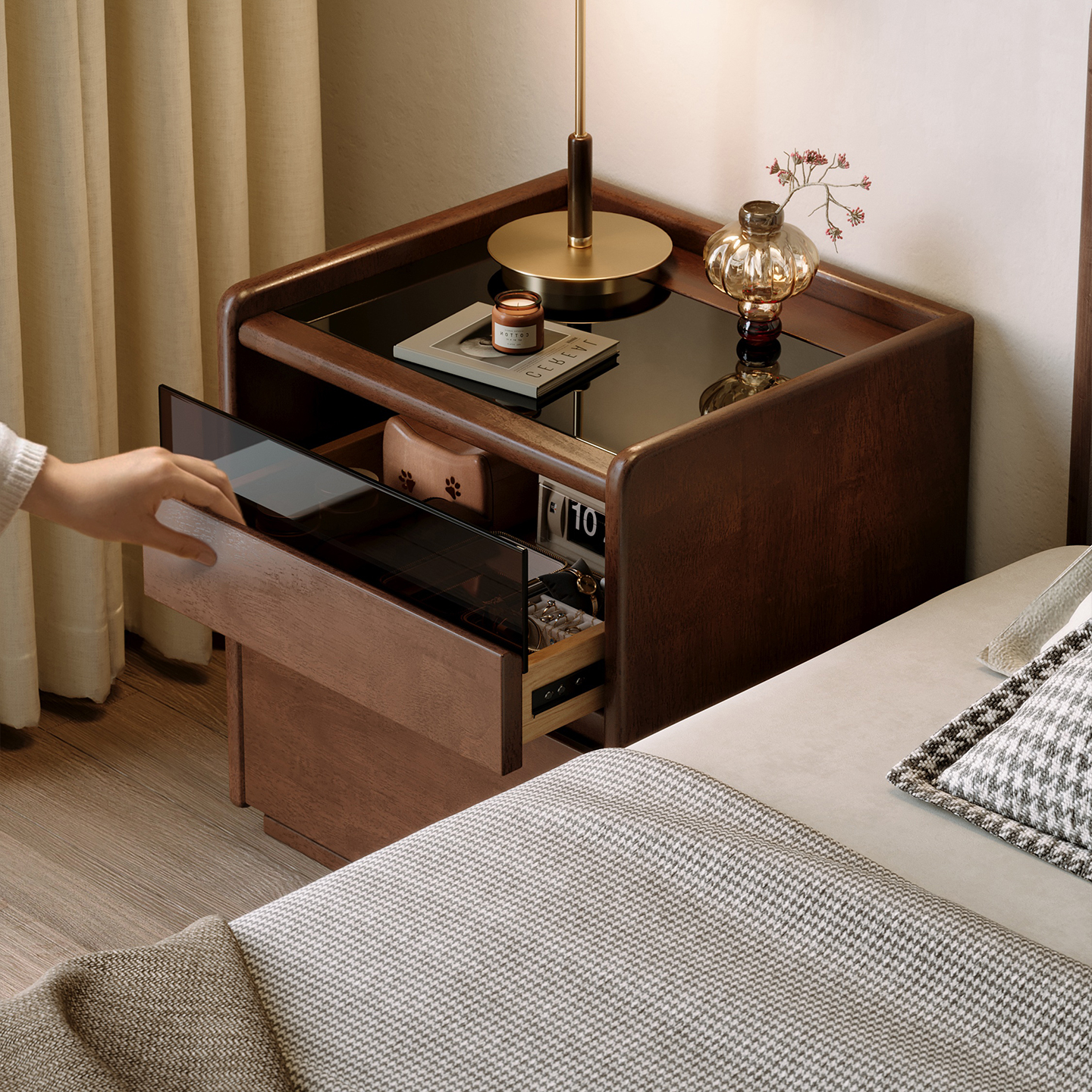 实木床头柜中古风智能床边柜