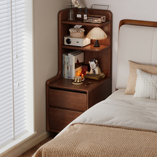 实木床头柜置物架一体家用卧室中古风小型床边夹缝收纳柜储物柜子