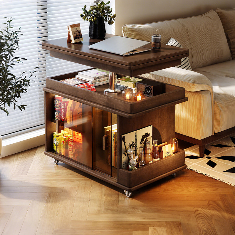 实木可折叠茶几小户型沙发收纳边柜家用升降茶几餐桌两用移动边几