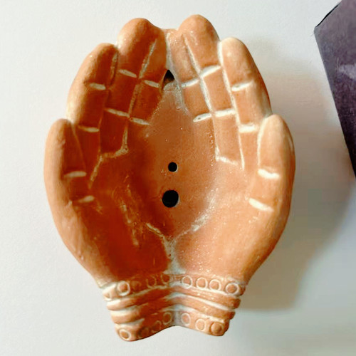 尼泊尔手工红陶香插莲花手香座Offering Hands Incenses Holder