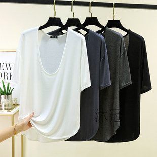 大U领低领宽松大码 t恤女夏季 落肩胖mm罩衣防晒上衣 罩衫 莫代尔短袖