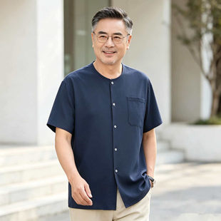 中老年棉绸上衣男休闲短袖开衫圆领t恤人造绵薄汗衫家居无领衬衫