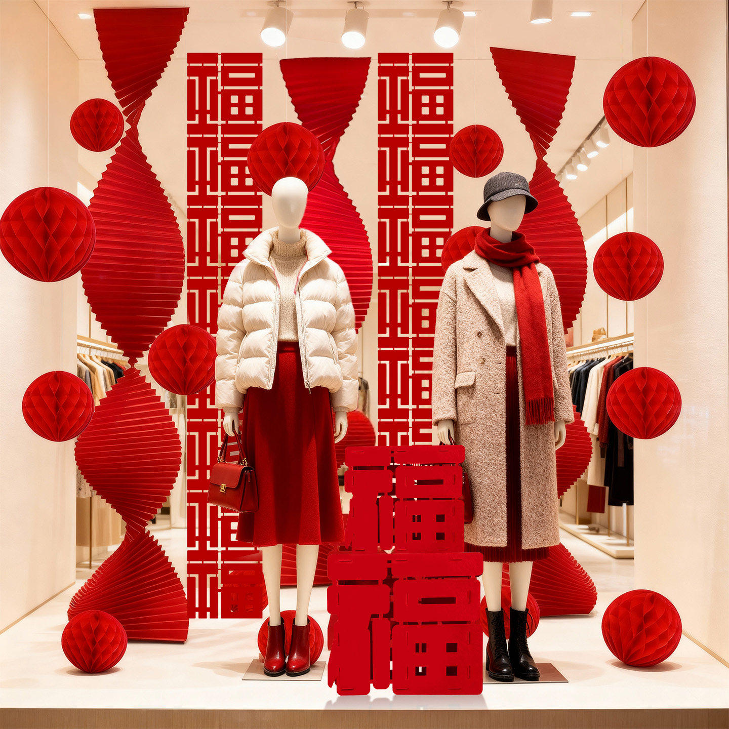 2026新年装饰橱窗瓦楞纸长条福字灯笼蜂窝球马年元旦节日氛围布置