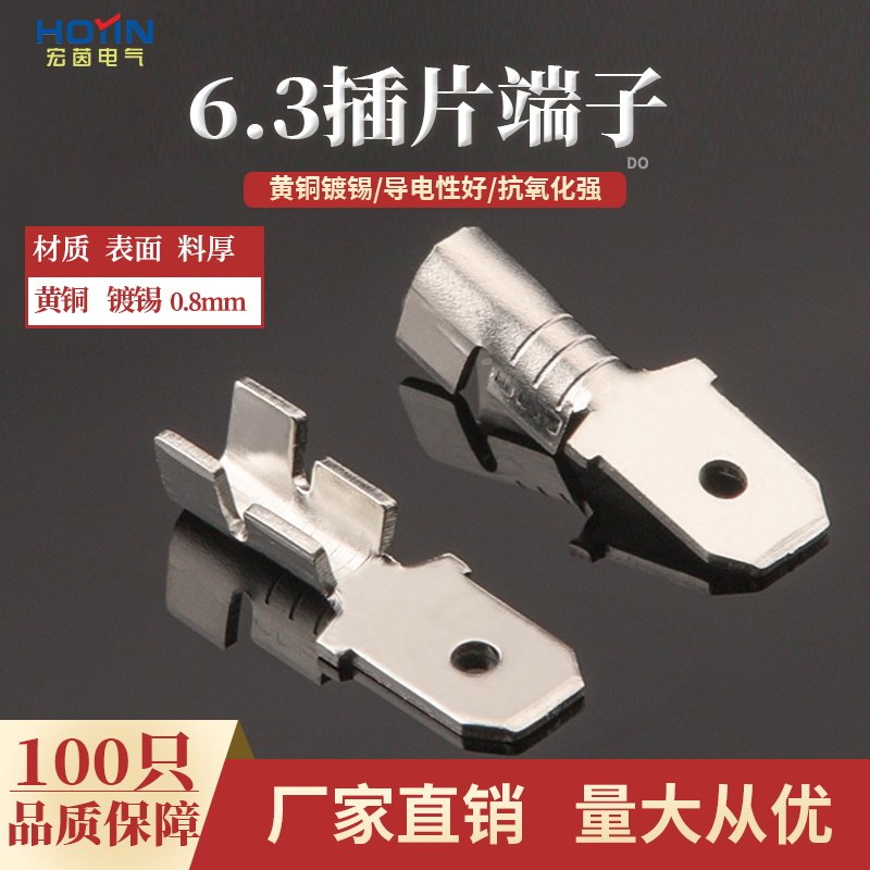 100只6.3公插片 0.8mm厚  250公端子 黄铜镀锡