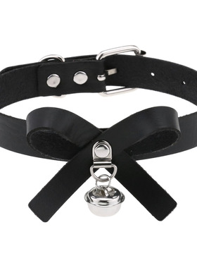 跨境朋克日本原宿软妹气质蝴蝶结颈链颈带性感小玲铛项链PU皮