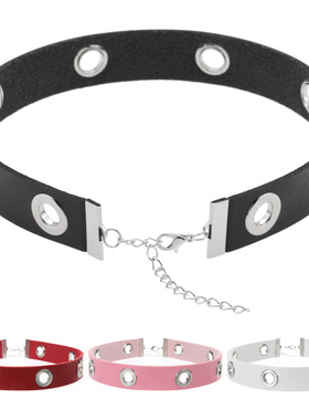 新款朋克风镂空透气孔洞PU颈圈皮革项链锁骨链夜店暗黑系皮质