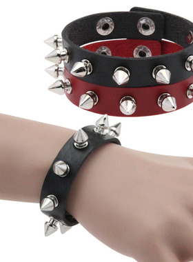 欧美朋克潮流个性铆钉情侣皮革手环摇滚哥特式不锈钢按扣手链手镯