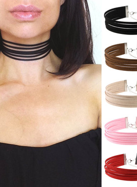 欧美简约原宿哥特颈链6层多层绒布绒带绒皮项圈项链颈带短锁骨链