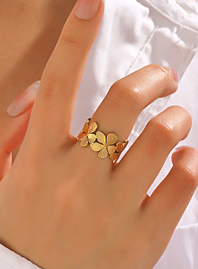 欧美流行时尚钛钢花朵开口戒指女法式复古镀18K金不锈钢小花指环