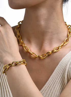 欧美不锈钢真空镀18k色 大链条夏季女士手链项链金属风