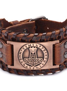 欧美跨境热卖手环合金真皮时尚手链雷神之锤个性pu皮手环饰品批发