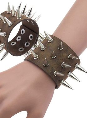 欧美跨境配饰新款三排尖钉手镯朋克高档皮革宽手链个性机车手饰品