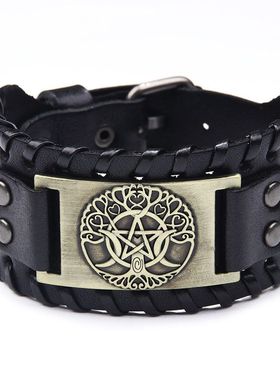 经典复古五角星牛皮手镯时尚潮流饰品手环月亮生命树潮男wish热销