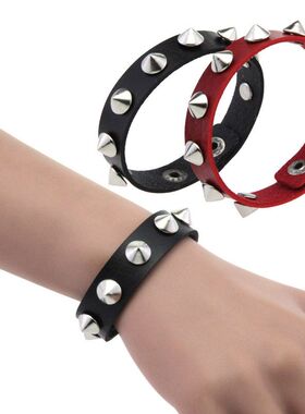 欧美个性不锈钢按扣铆钉手环时尚皮革情侣手镯哥特式潮流钉钉手链